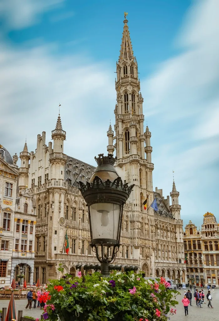 Grand Place town hall against a blue sky, Brussels