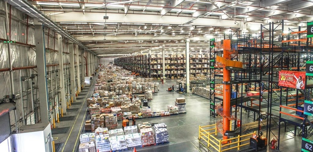 Racked storage warehouse interior